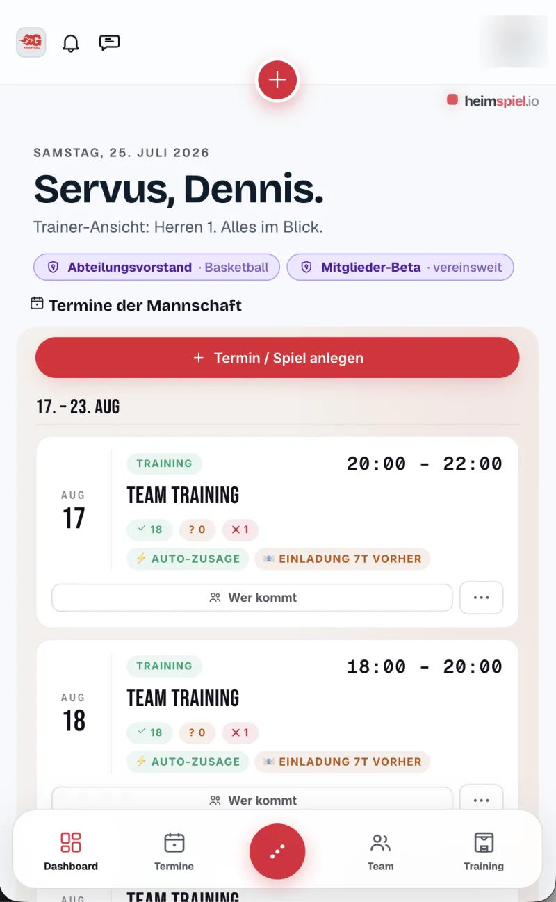 Basketball Team-App auf dem Smartphone